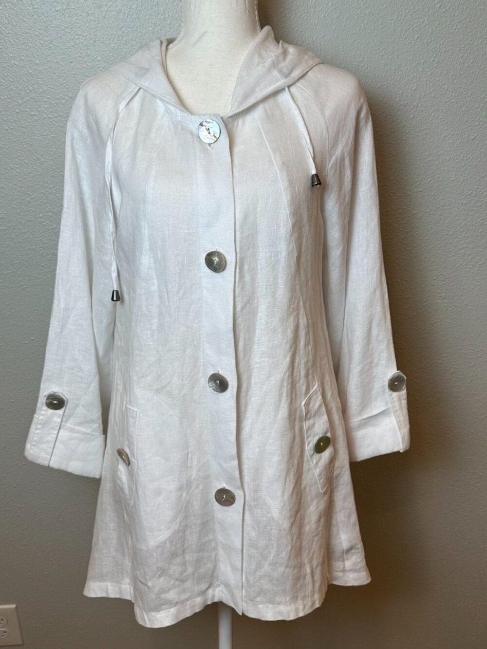 Jones New York NWOT White 100% Linen Hooded Jacket Coat Lagenlook Coastal Size S